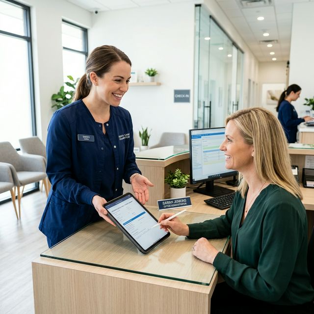 Helpful dental office administrator assisting with affordable care options