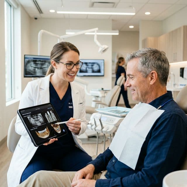 Professional dentist explaining a procedure in a modern dental office